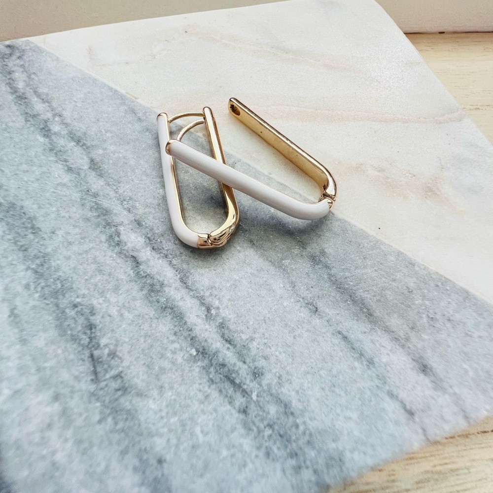 New White Enamel Coated Huggie Hoop Earrings Gold Grandmillennial Lightweight